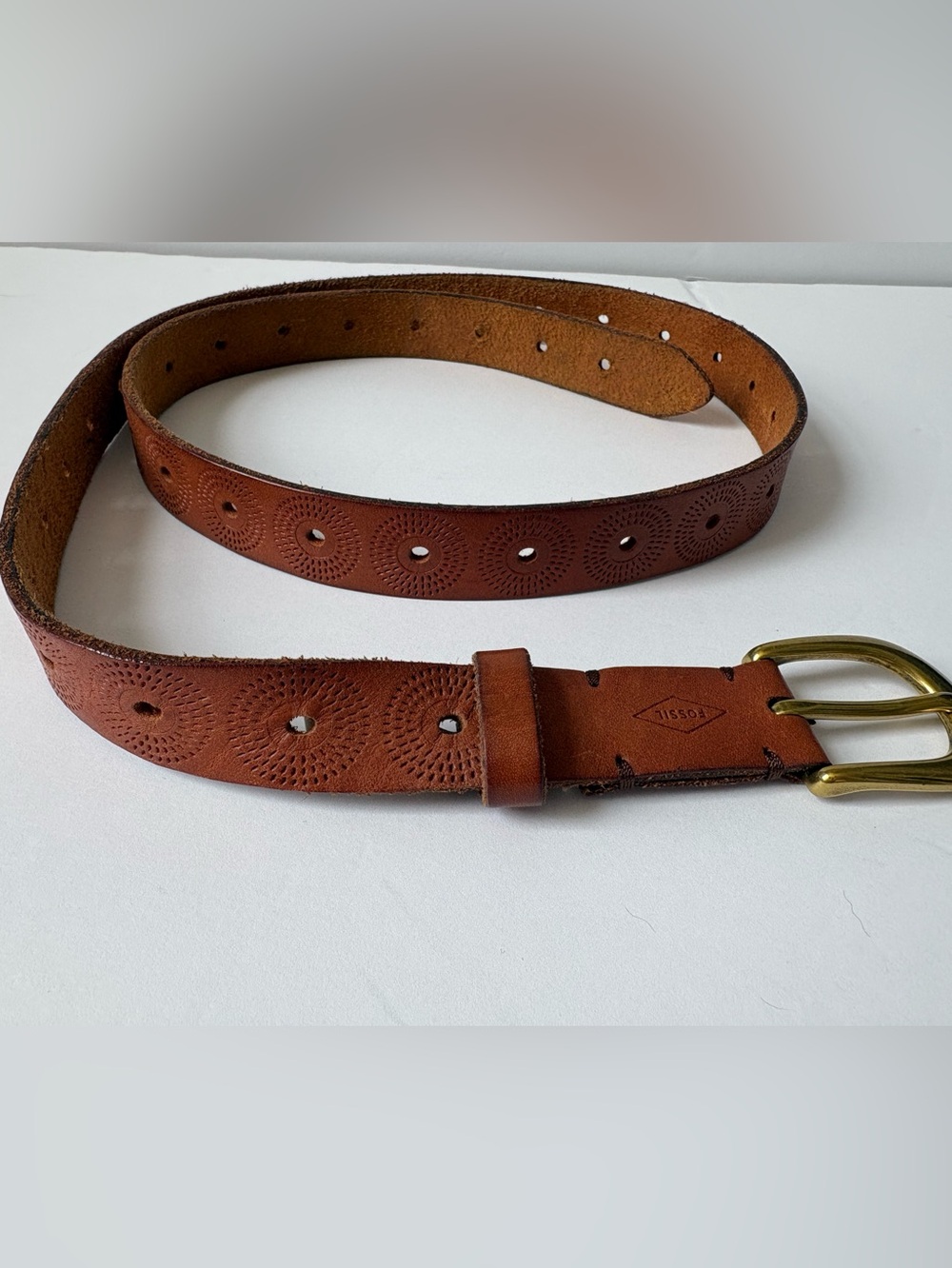 Fossil Brown Tooled Leather Western Boho Belt Brass Buckle Size L